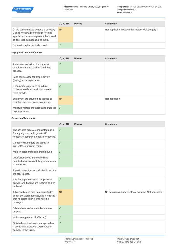 Water Damage Restoration Checklist Water Damage Restoration Checklist