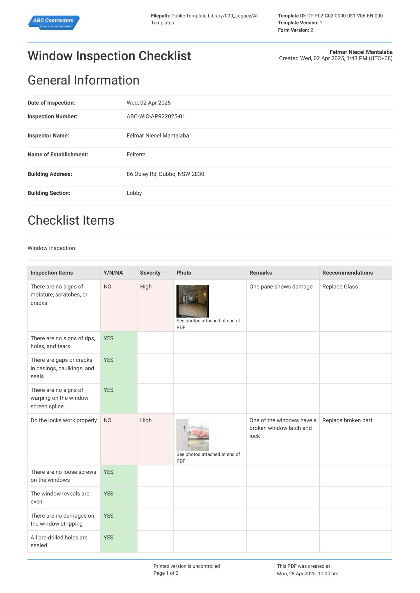 Window Inspection Checklist Template, Free Editable PDF Example