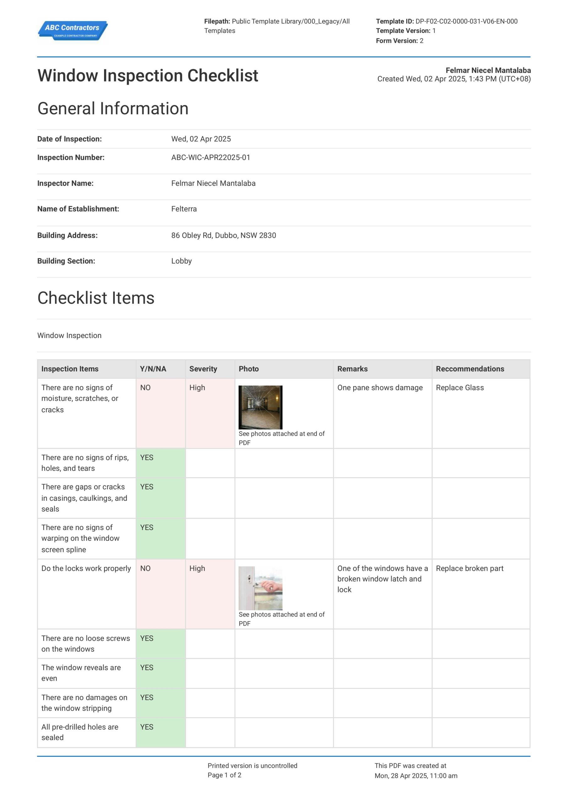 Window Inspection Checklist