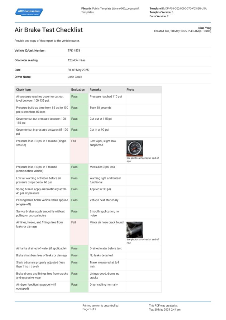 Air Brake Test Checklist
