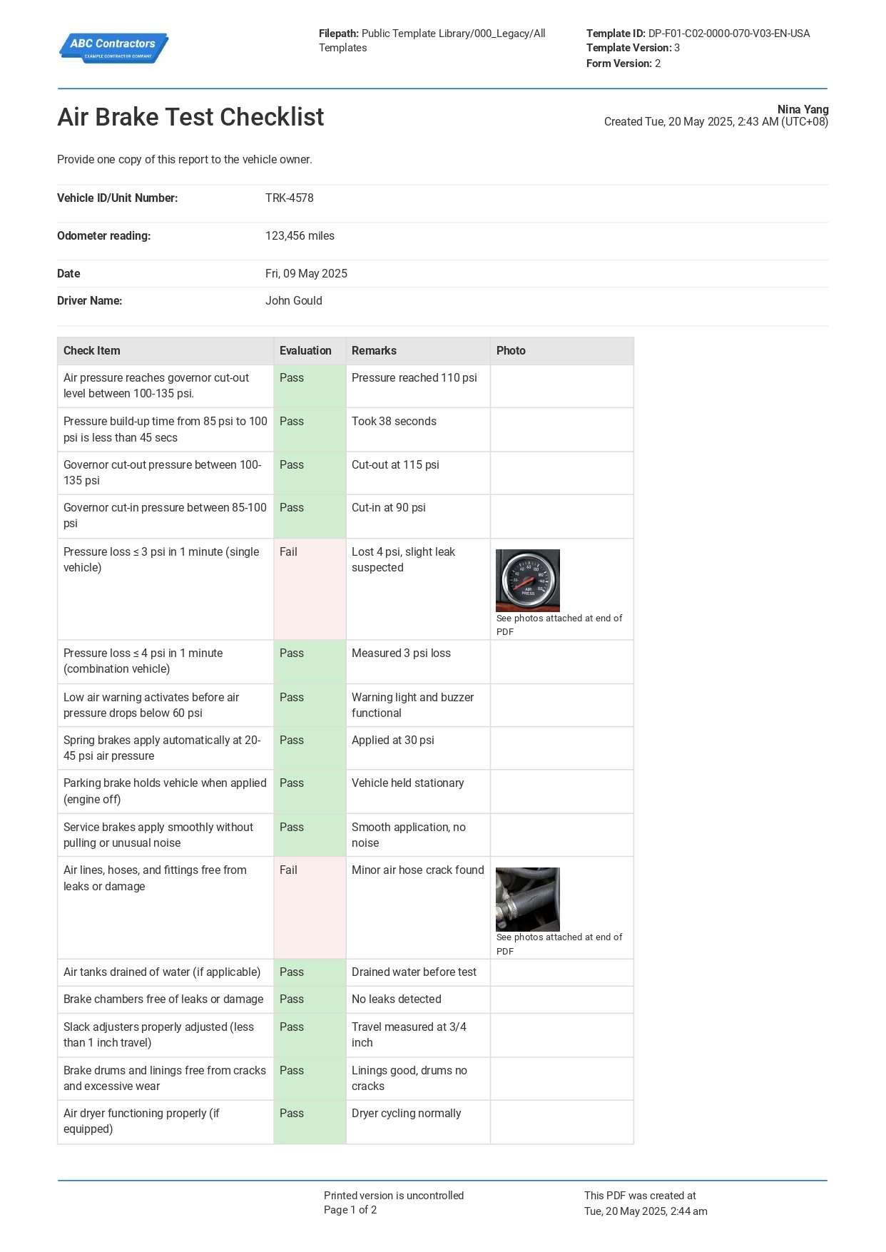 Air Brake Test Checklist sample PDF