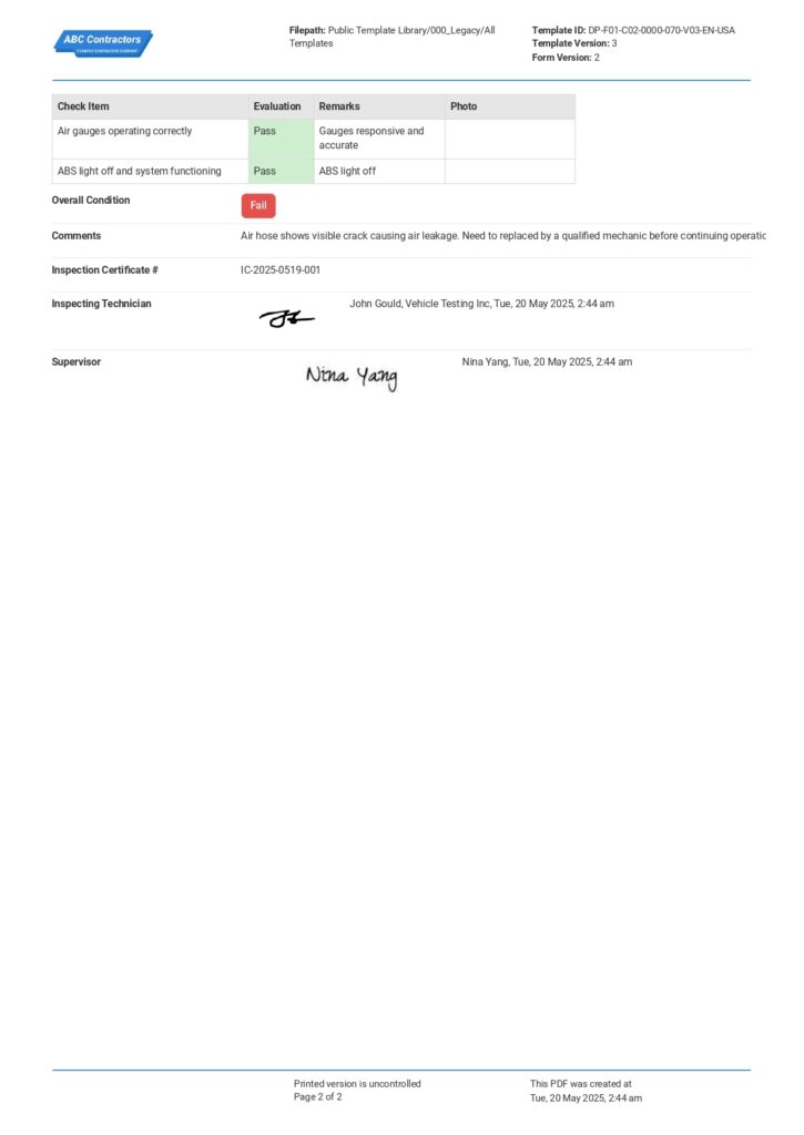 Air Brake Test Checklist