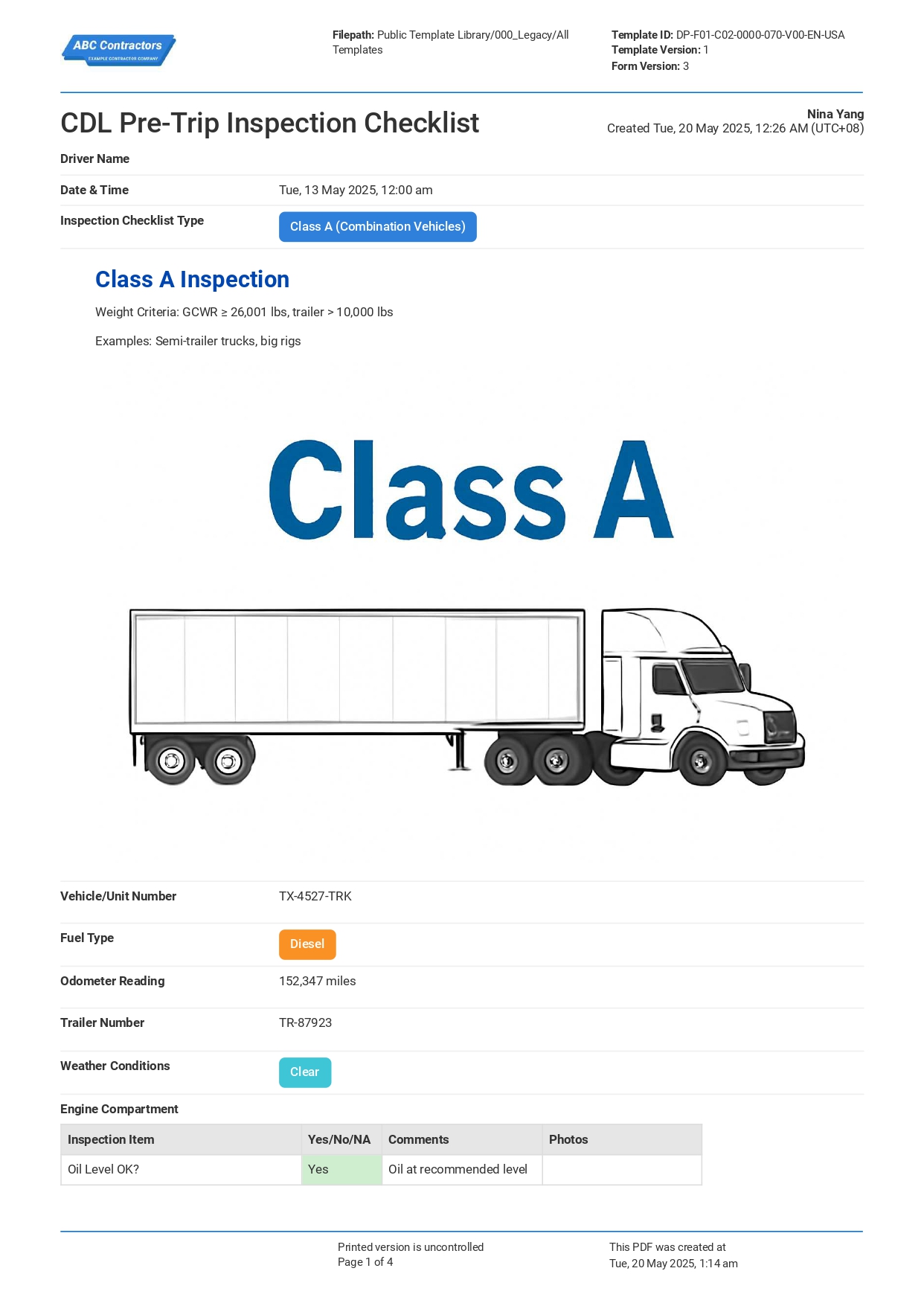 CDL Pre-Trip Inspection Checklist Sample