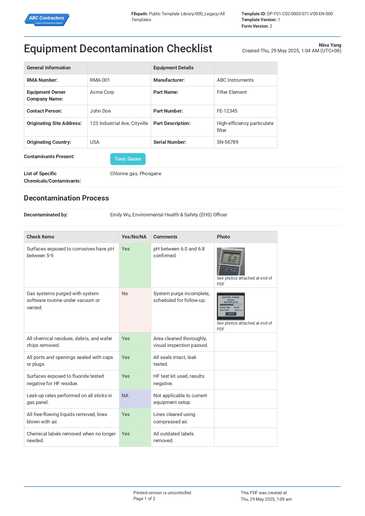 Equipment Decontamination Checklist