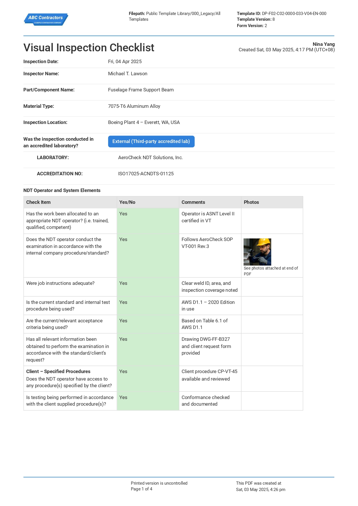 Visual Inspection Checklist Sample PDF