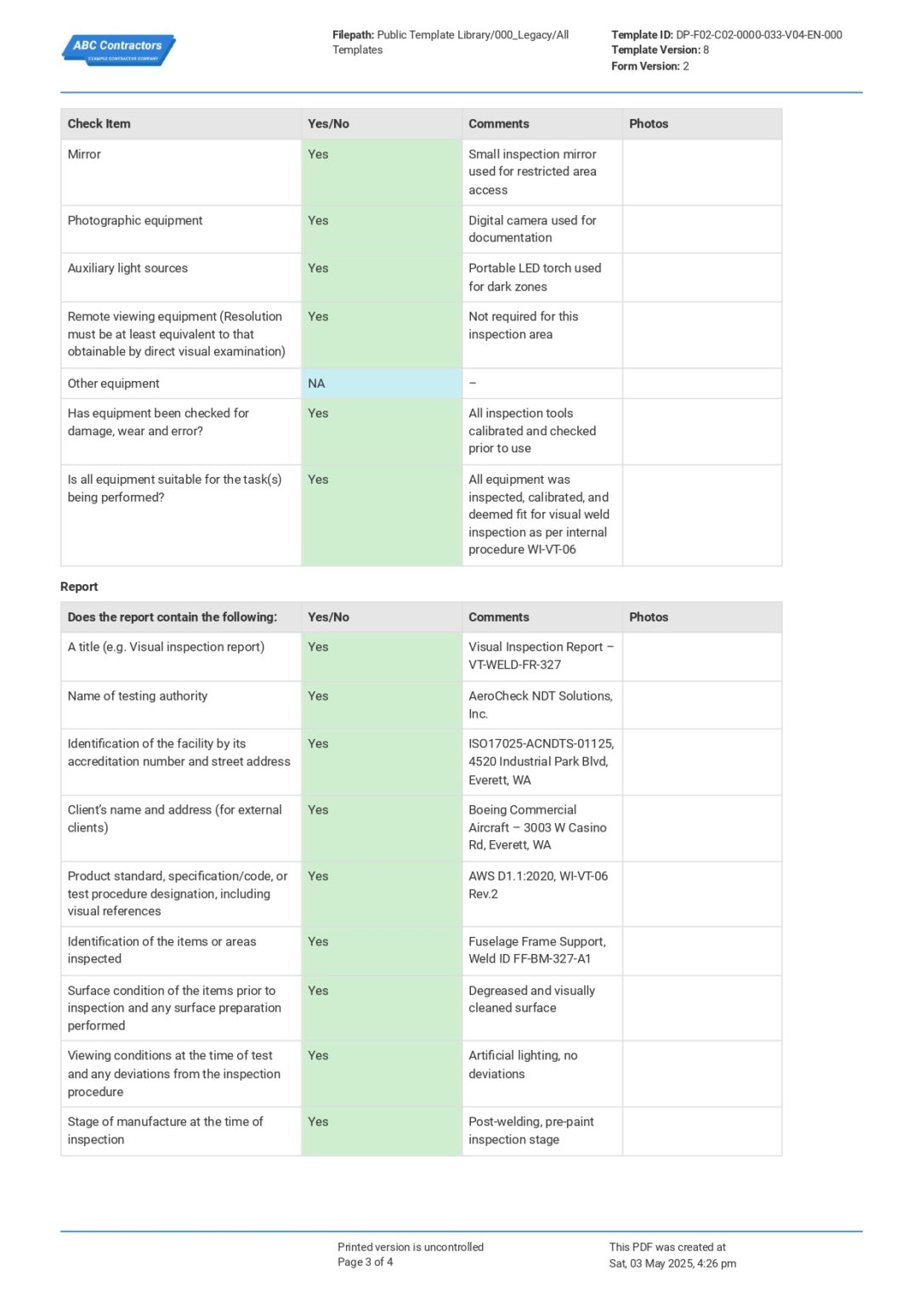 Visual Inspection Checklist Template and PDF Report