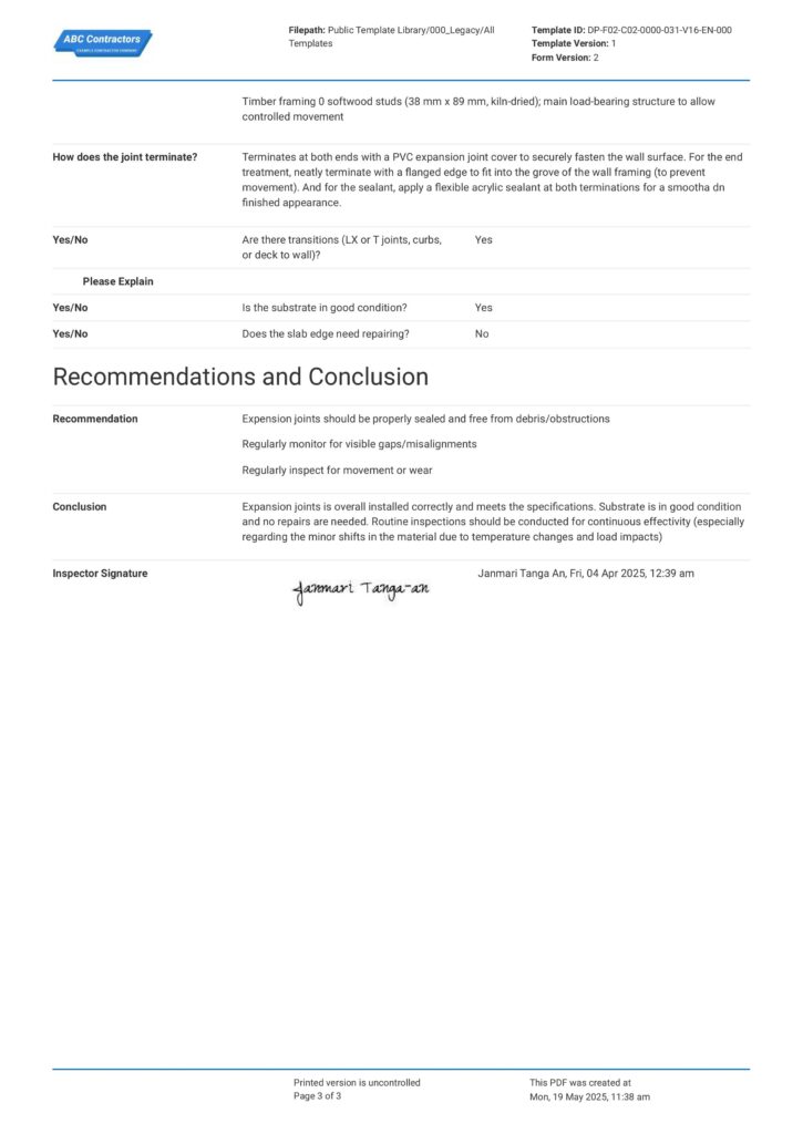 expansion joint inspection checklist page 0003 expansion joint inspection checklist page 0003