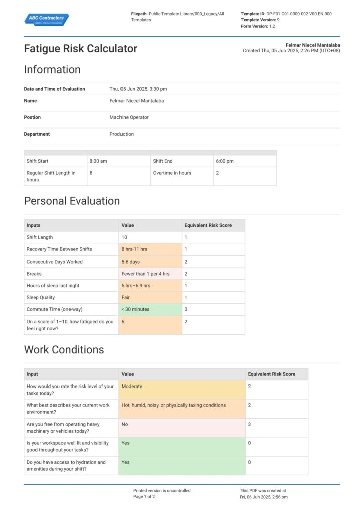 Fatigue Risk Calculator