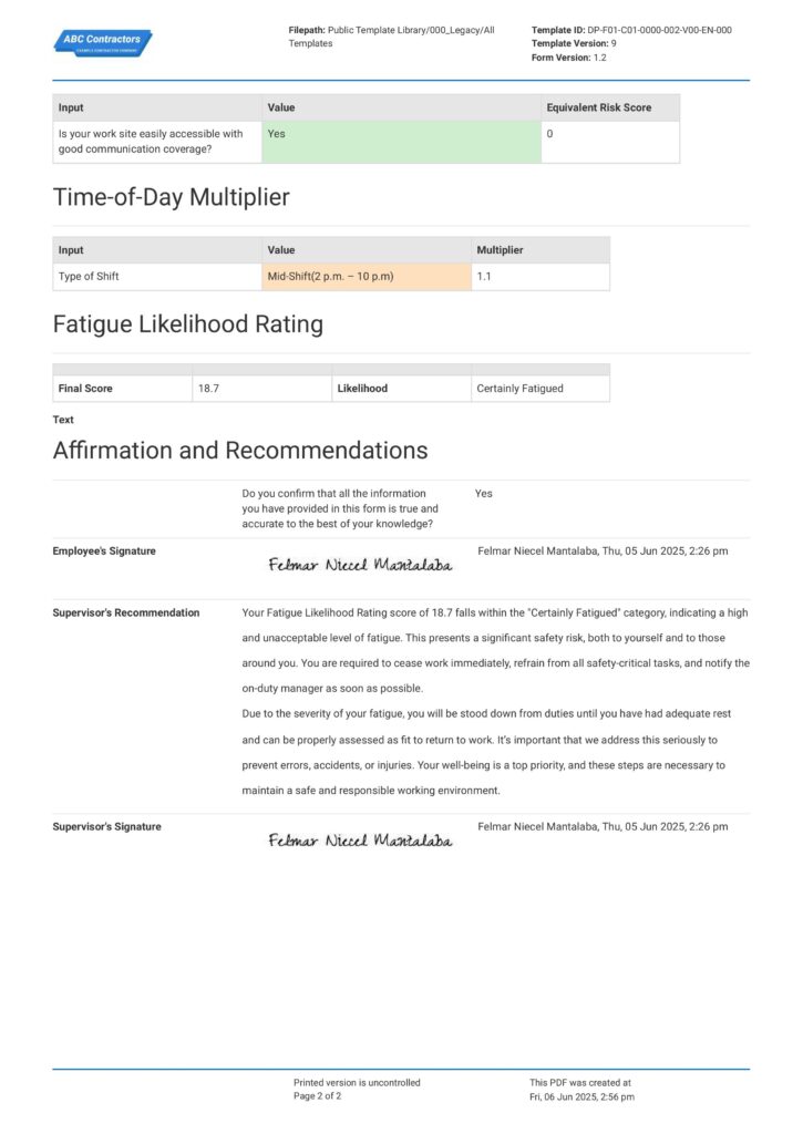 Fatigue Risk Calculator
