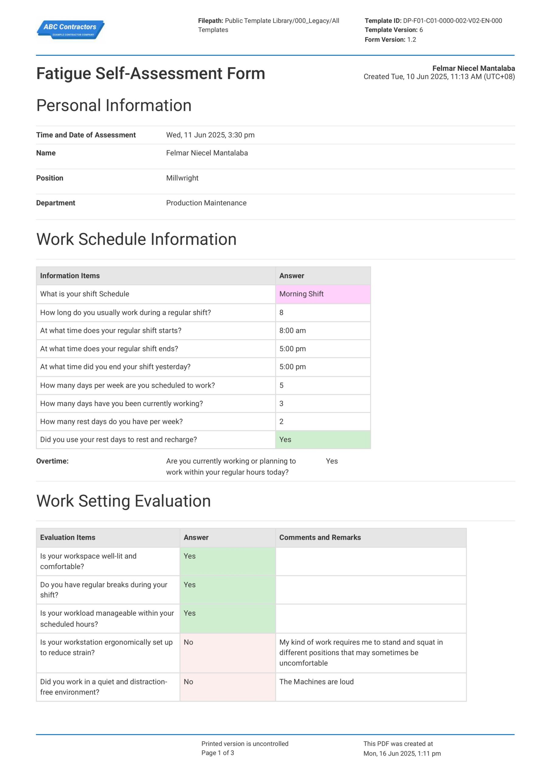 Fatigue Self-Assessment Form