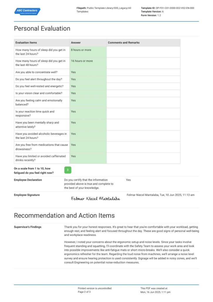 Fatigue Self-Assessment Form Fatigue Self-Assessment Form