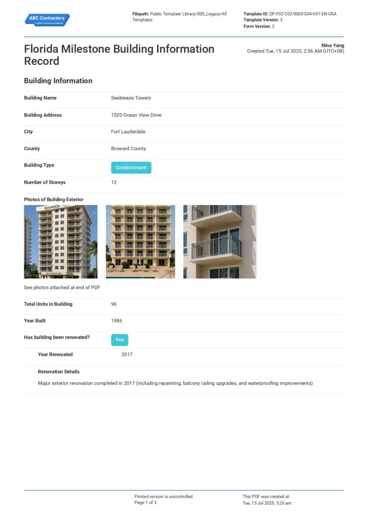 Florida Milestone Building Information Record