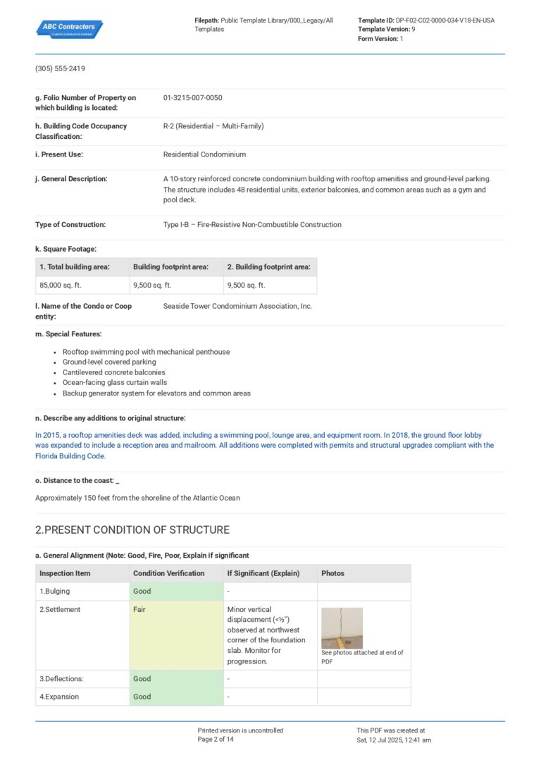 Florida Milestone Inspection Report Template - PDF Building Code
