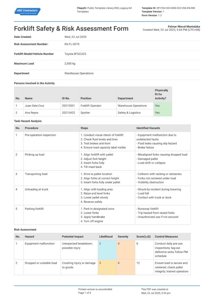 Forklift Safety and Risk Assessment Form page 0001 Forklift Safety and Risk Assessment Form