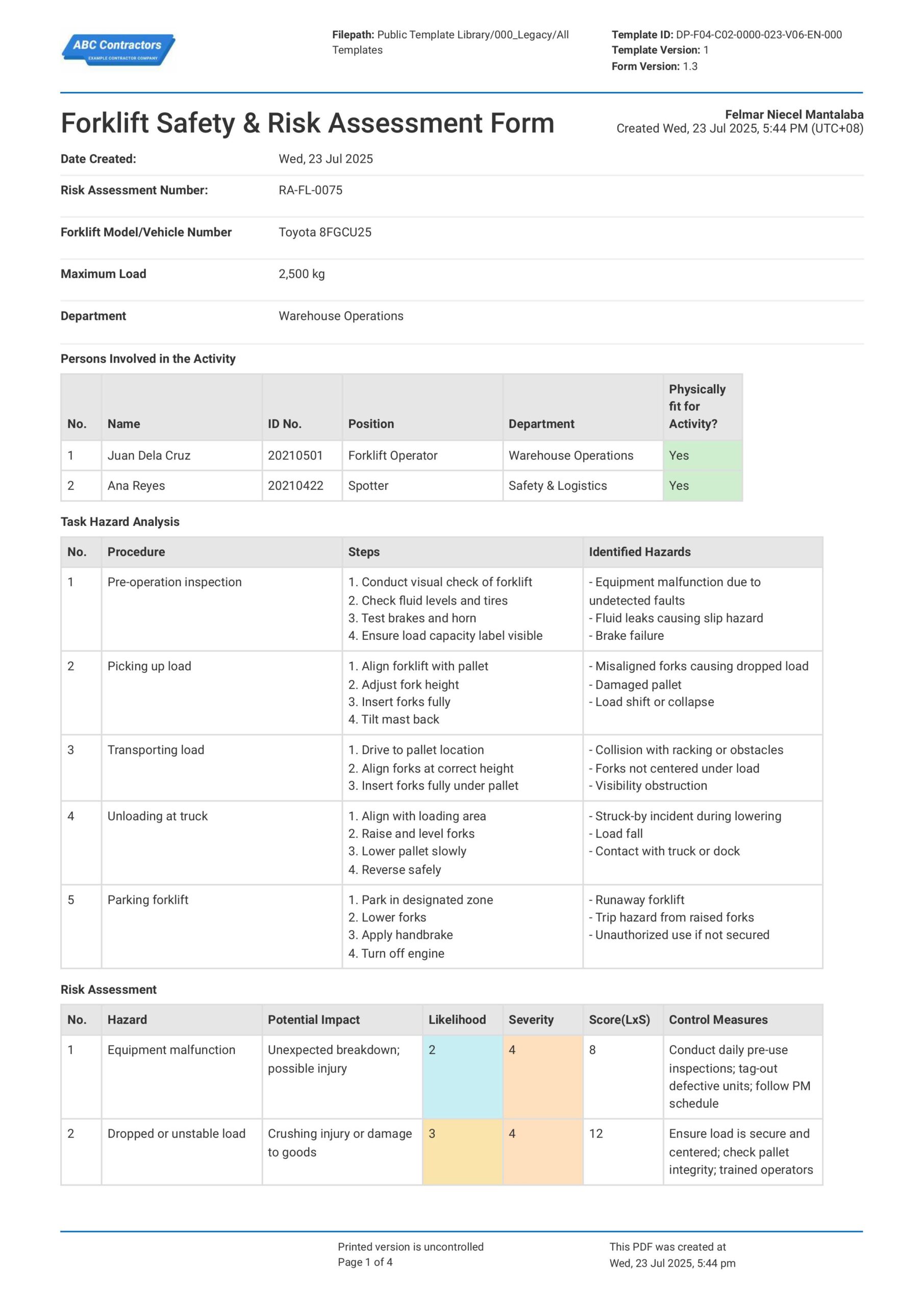 Forklift Safety and Risk Assessment Form