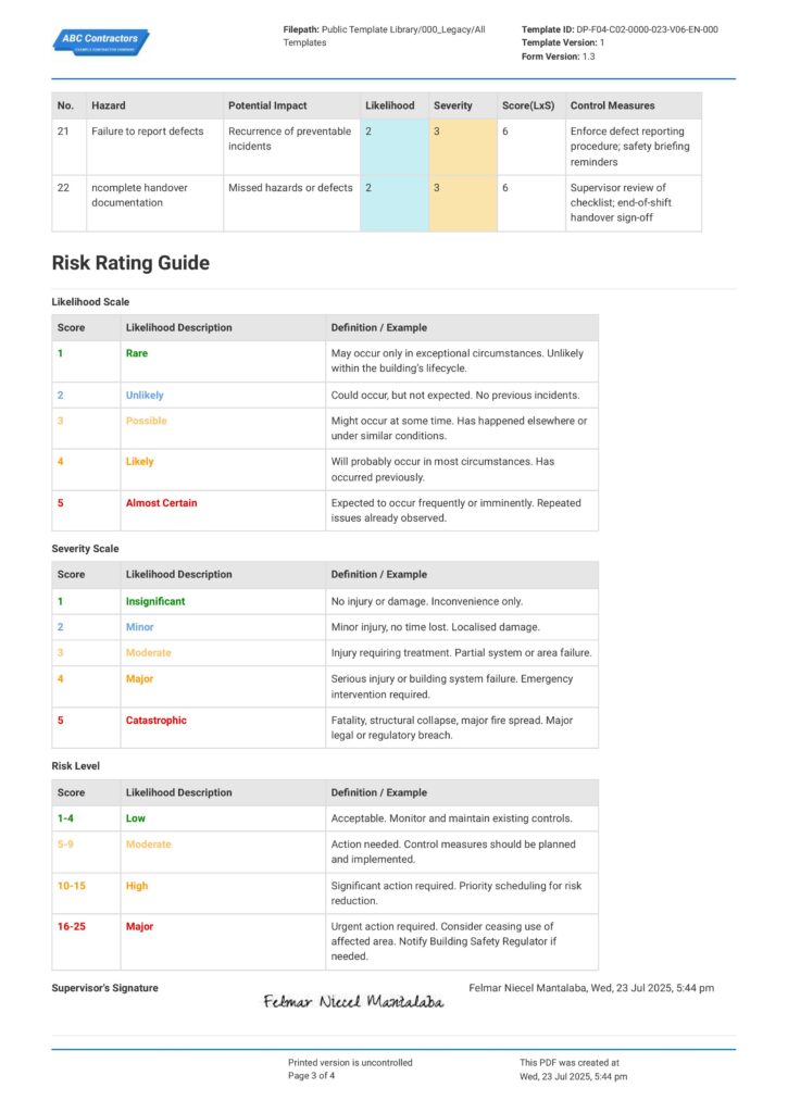Forklift Safety and Risk Assessment Form Forklift Safety and Risk Assessment Form