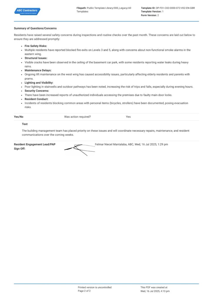 Resident Safety Engagement Log