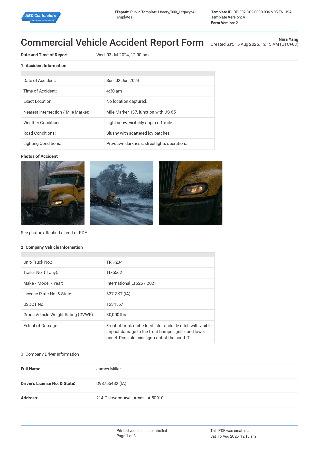 Commercial Vehicle Accident Report Form