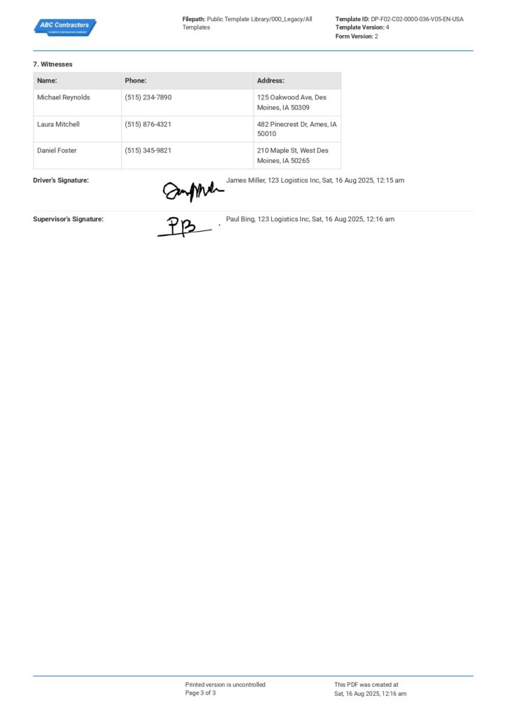 Commercial Vehicle Accident Report Form