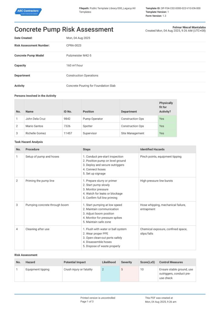 Concrete Pump Risk Assessment