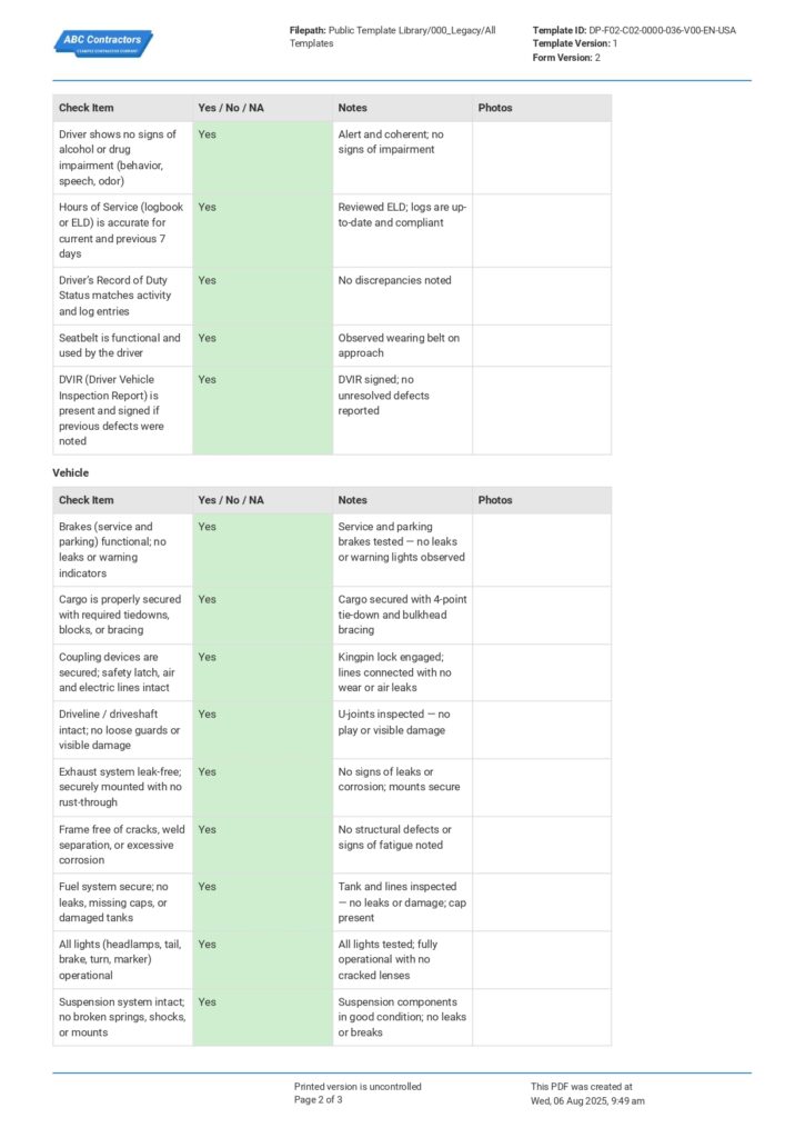DOT Inspection Checklist DOT Inspection Checklist