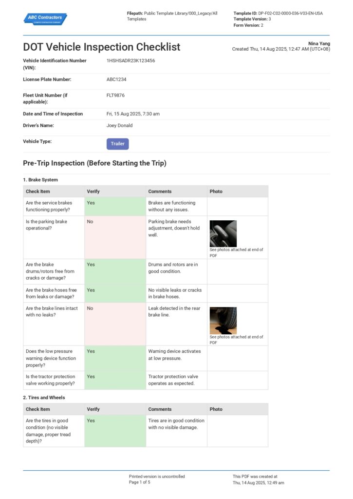 DOT Vehicle Inspection Checklist
