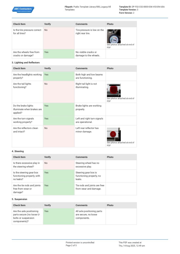 DOT Vehicle Inspection Checklist