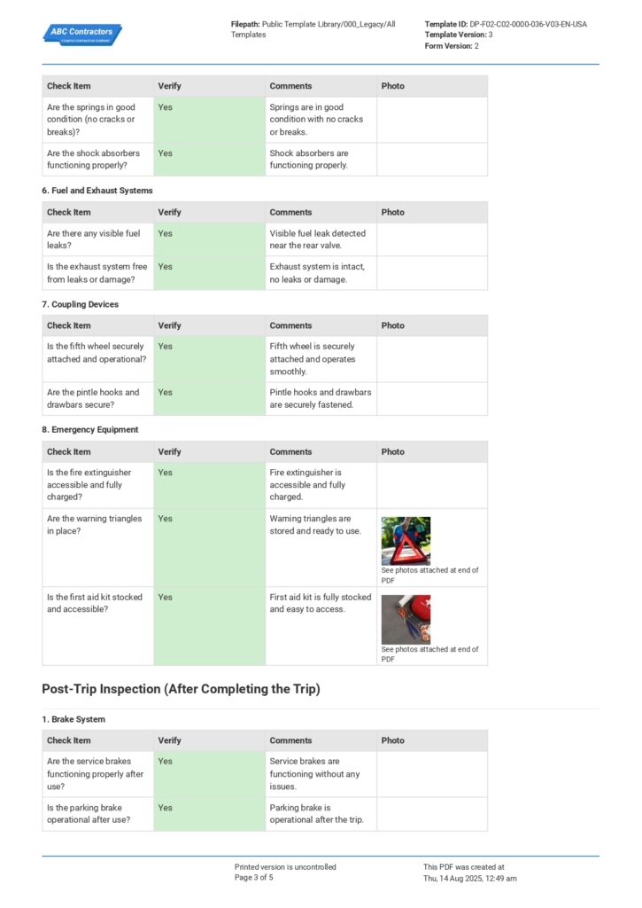 DOT Vehicle Inspection Checklist