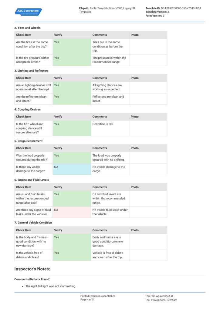 DOT Vehicle Inspection Checklist