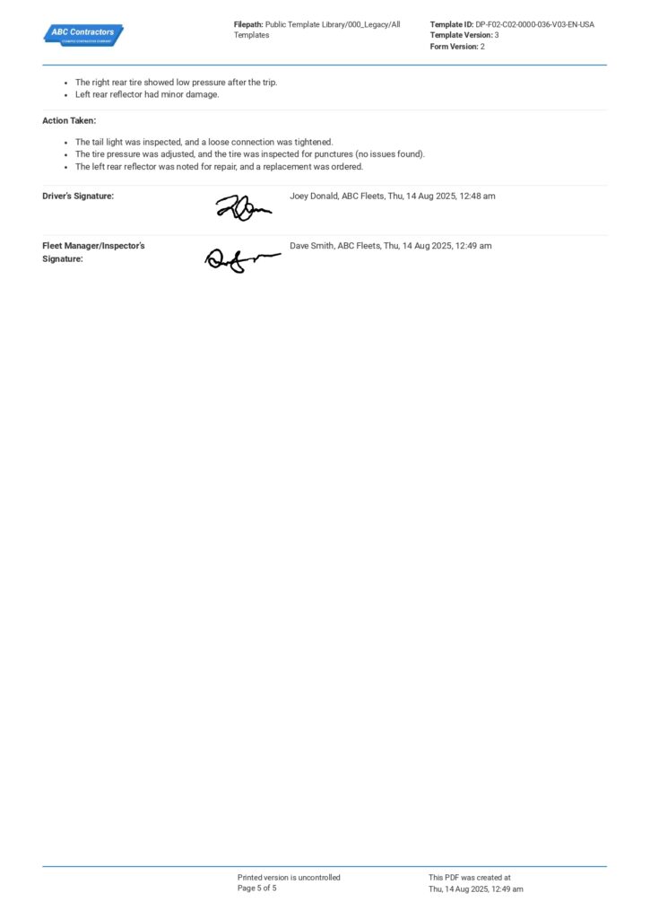 DOT Vehicle Inspection Checklist