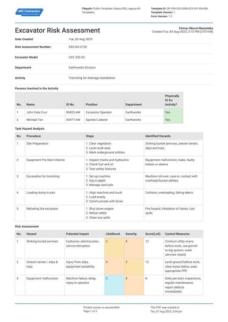 Excavator Risk Assessment