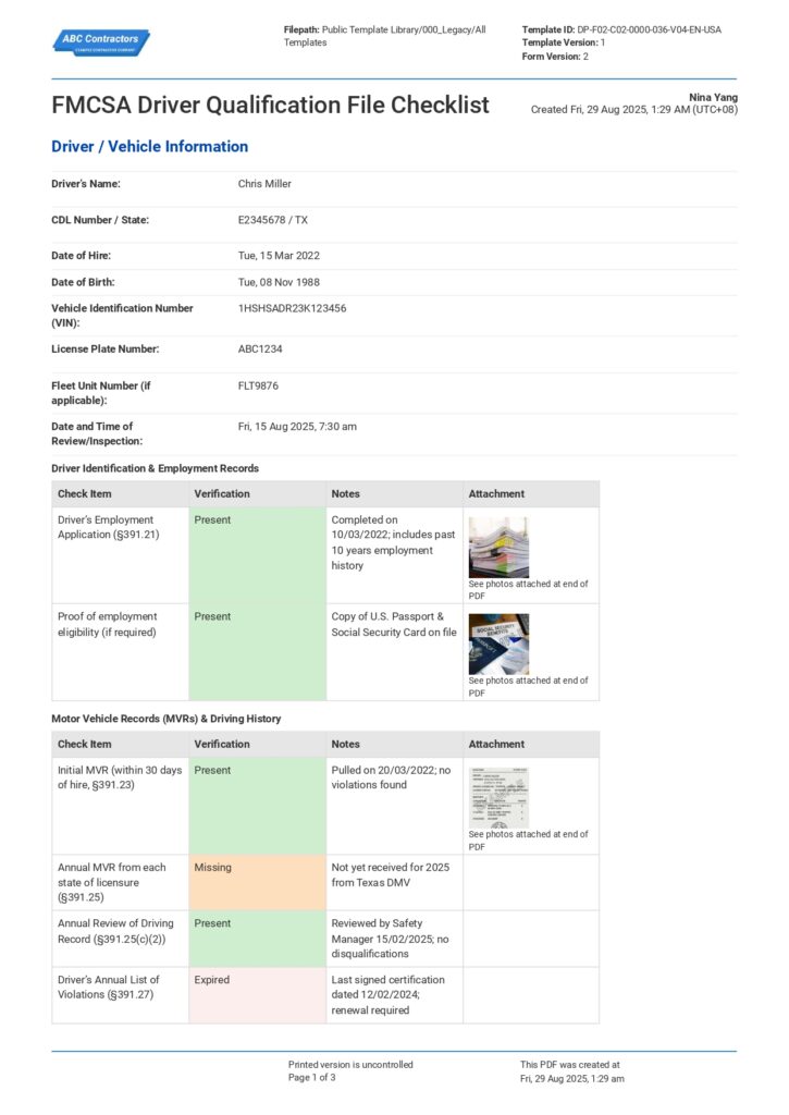 FMCSA Driver Qualification File Checklist