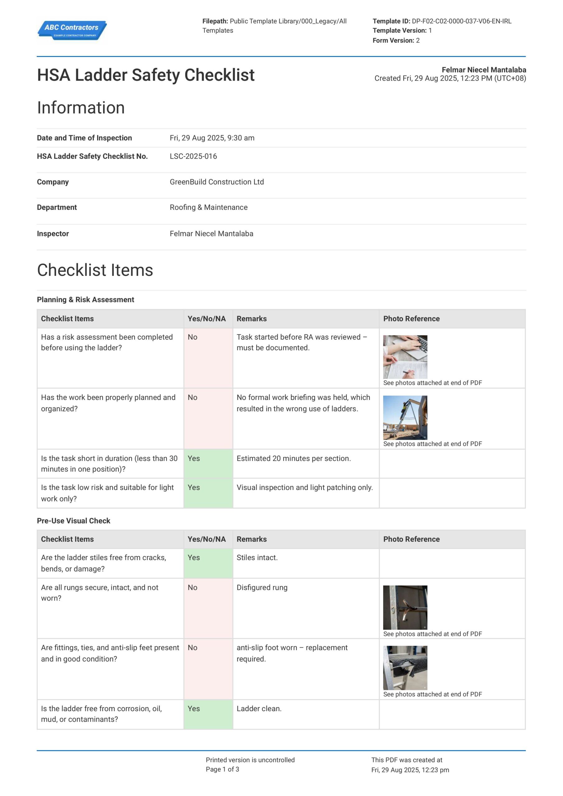 HSA Ladder Safety Checklist template