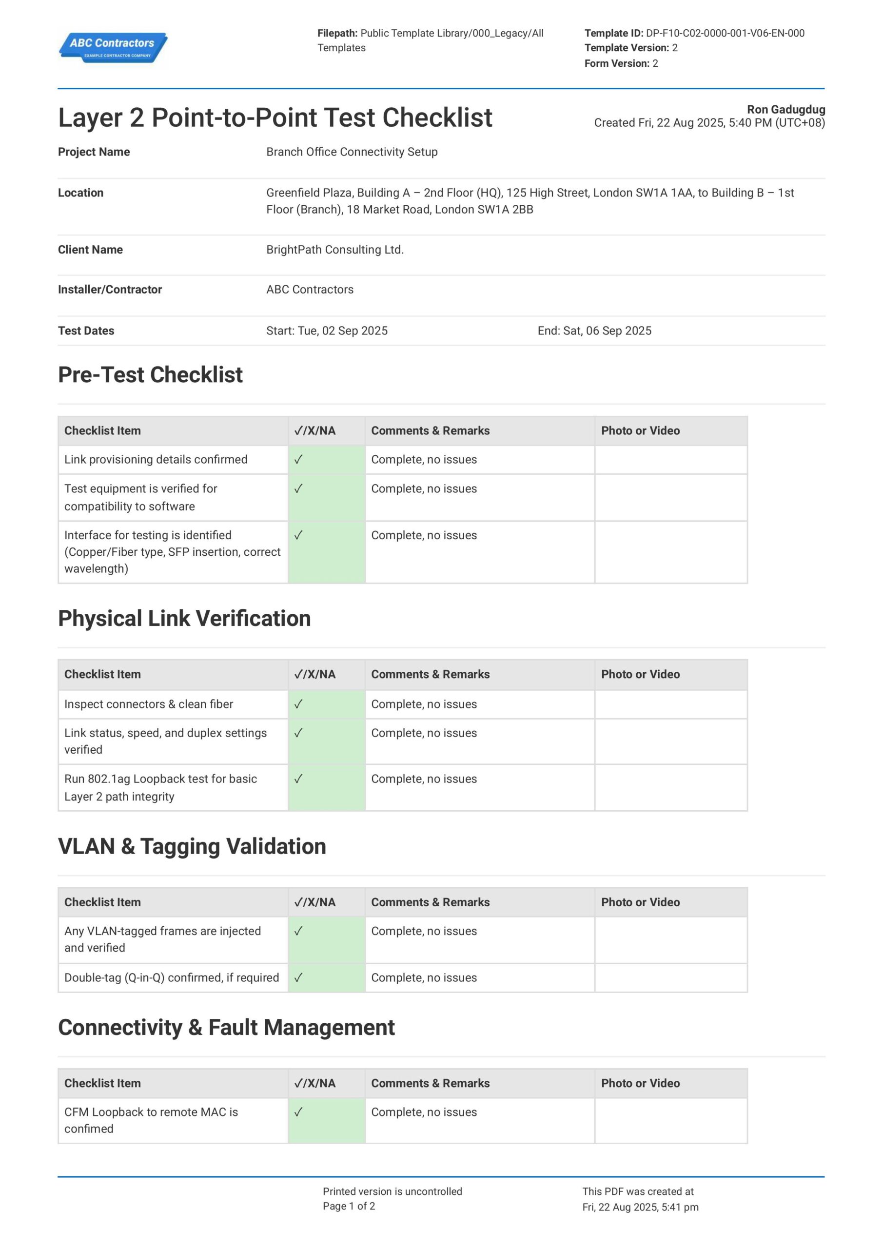 Layer 2 point to point test checklist template