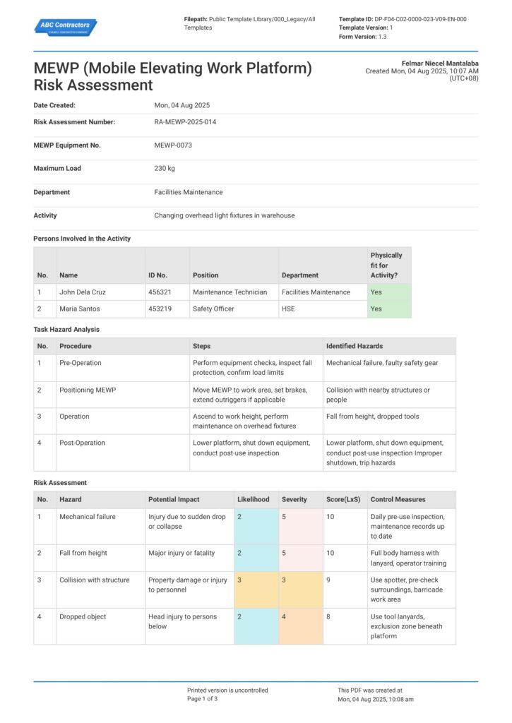 MEWP (Mobile Elevating Work Platform) Risk Assessment