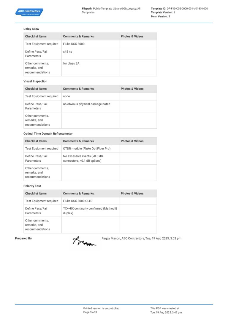 Network Testing and Commissioning Plan Template - PDF Example