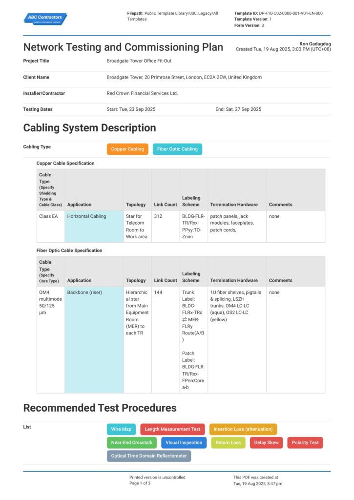 Network Testing & Commissioning Plan