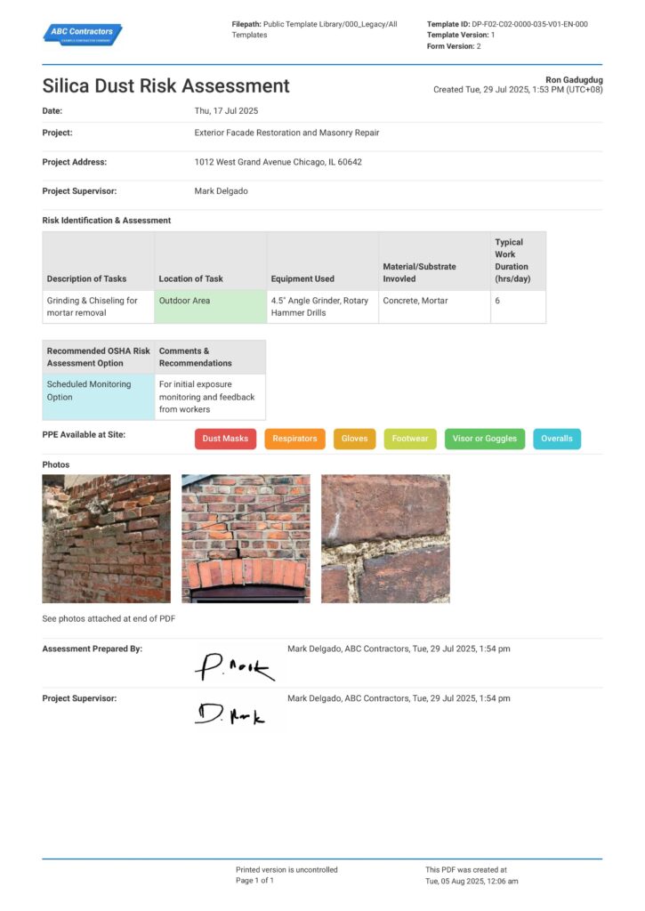 Silica Dust Risk Assessment Silica Dust Risk Assessment