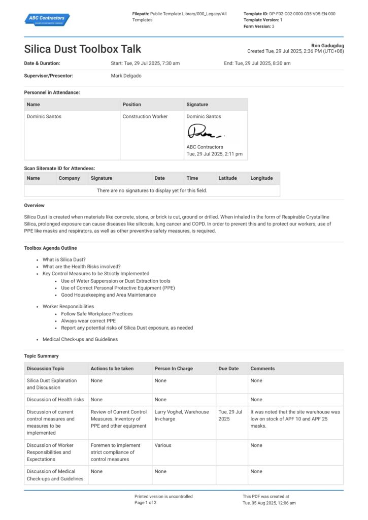 Silica Dust Toolbox Talk