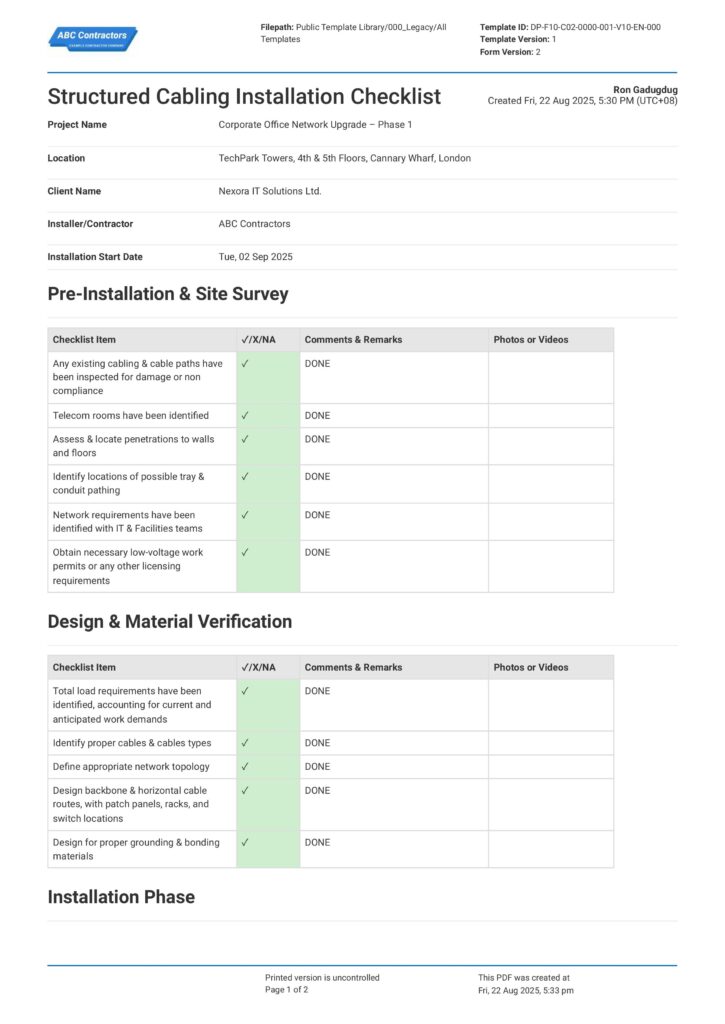 Structured cabling installation checklist