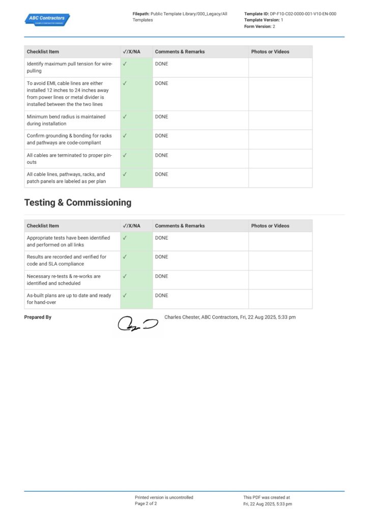 Structured cabling installation checklist