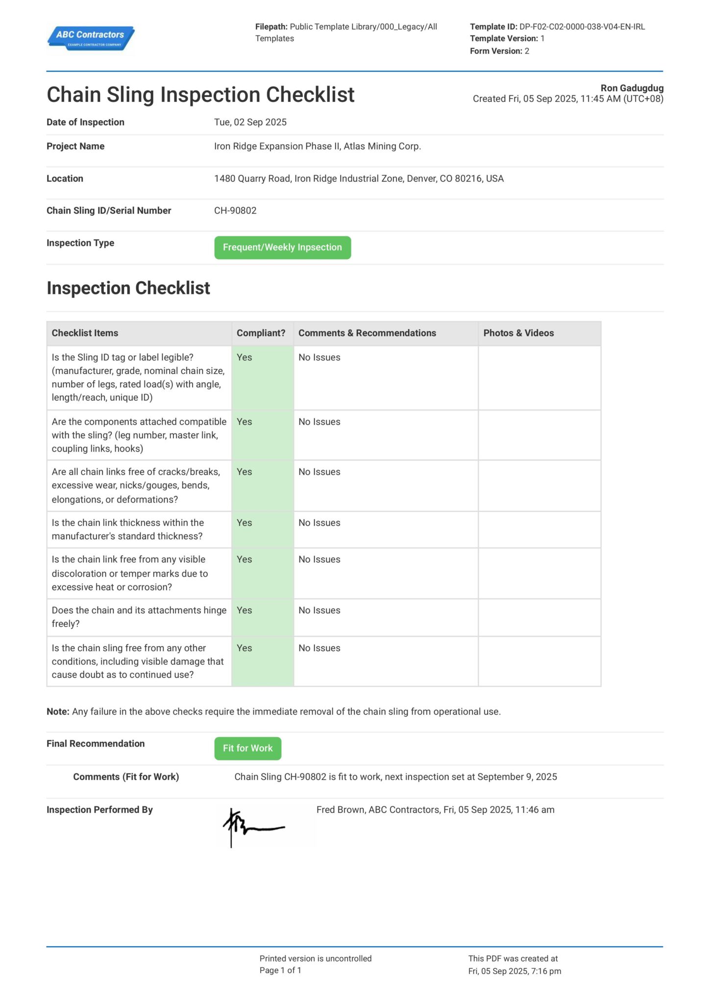 Chain Sling Inspection Checklist Template - PDF Free Download