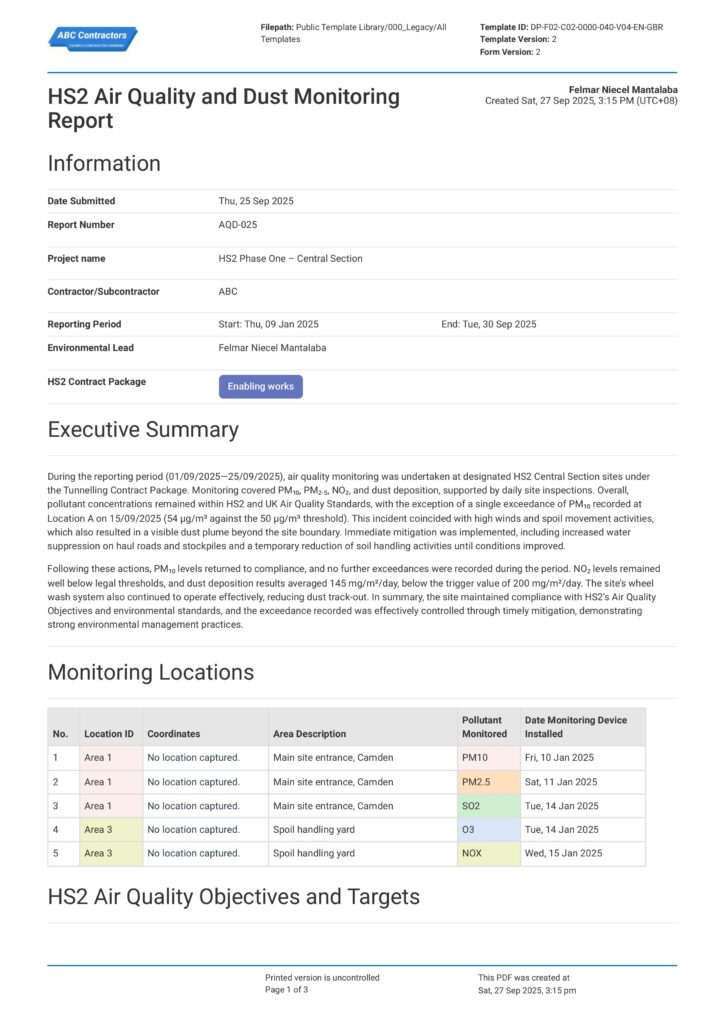 HS2 Air Quality and Dust Monitoring Report