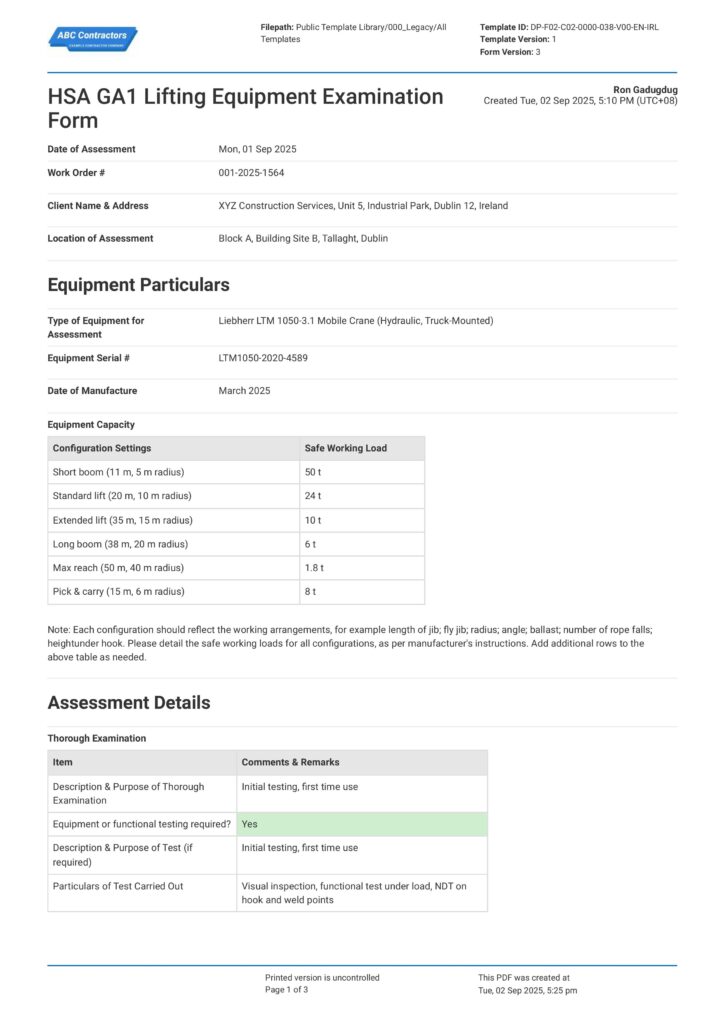 HSA GA1 Lifting Equipment Examination Form HSA GA1 Lifting Equipment Examination Form
