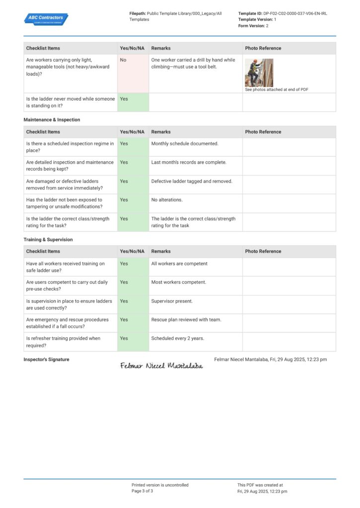 HSA Ladder Safety Checklist