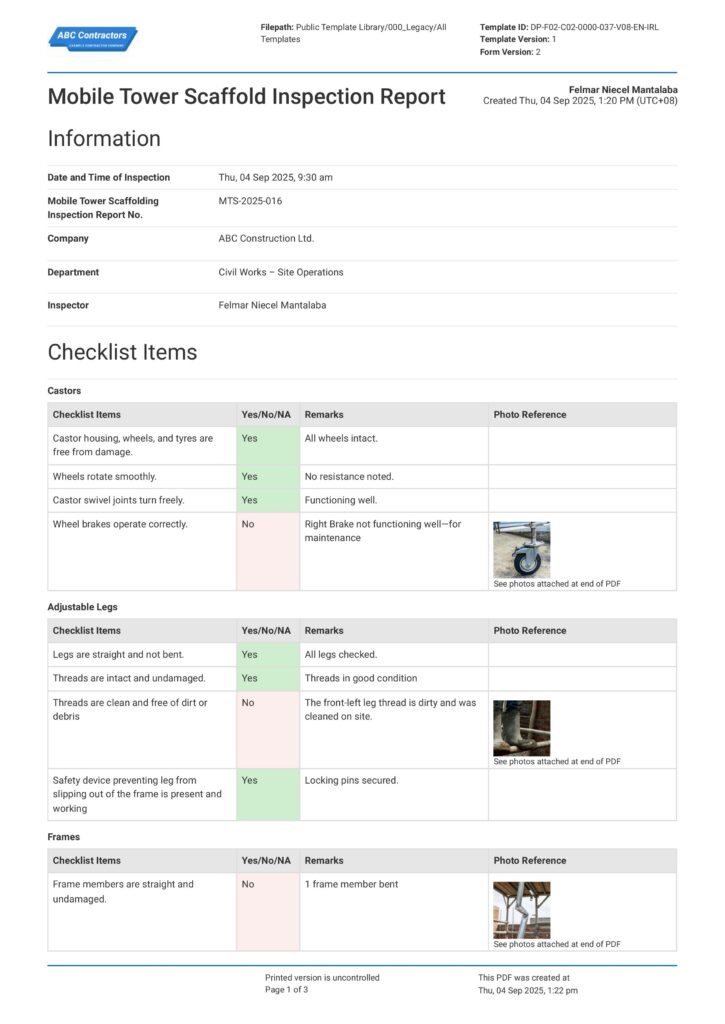 Mobile Tower Scaffold Inspection Report