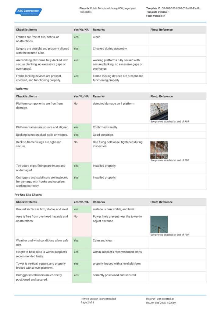 Mobile Tower Scaffold Inspection Report