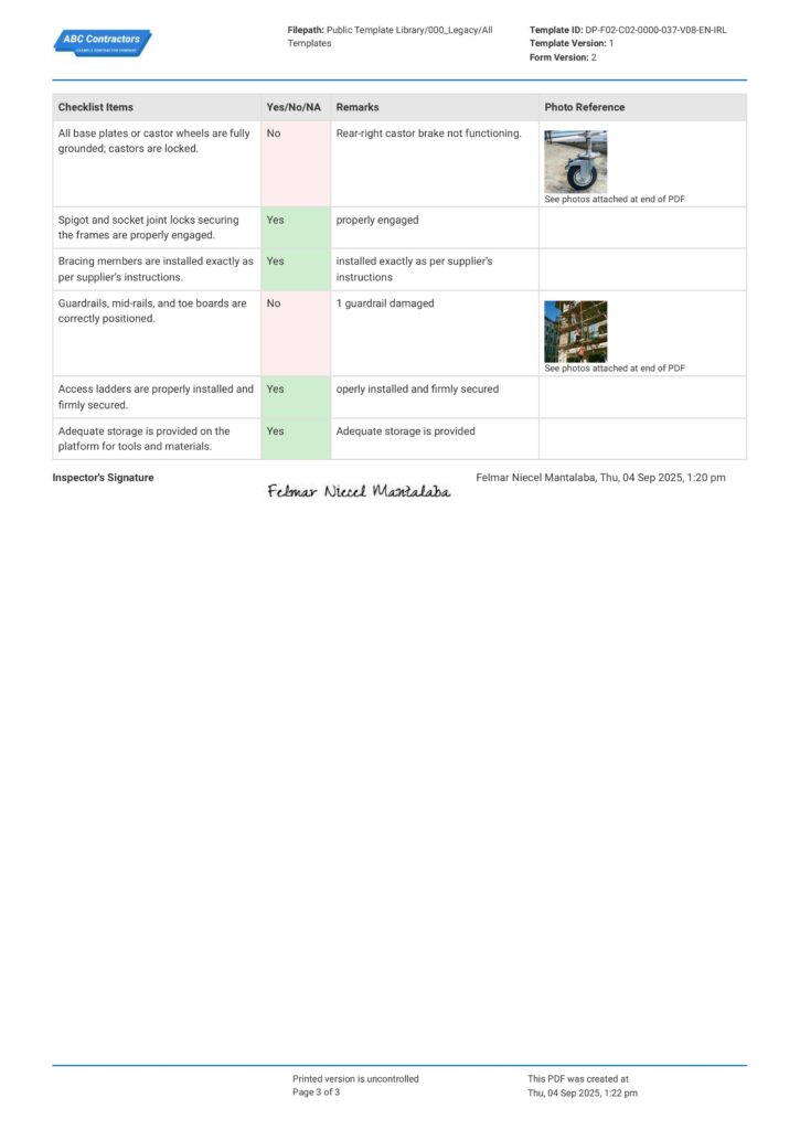 Mobile Tower Scaffold Inspection Report