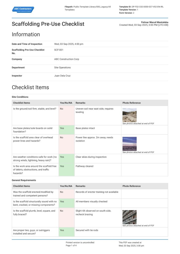 Scaffold Tower Pre-Use Checklist