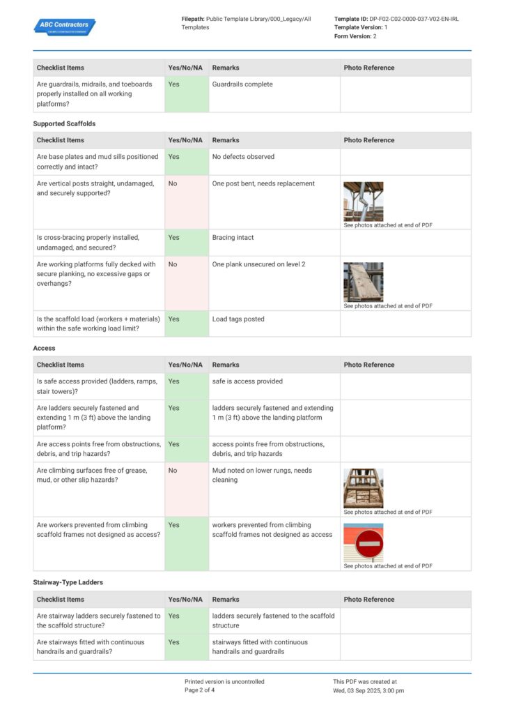 Scaffold Tower Pre-Use Checklist